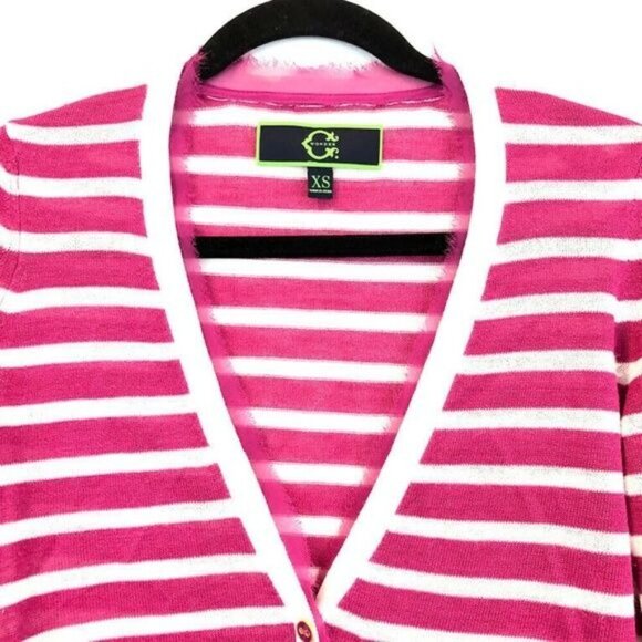 C Wonder Size XS Pink White Stripe V-Neck Knit Cardigan Sweater Chiffon Trim - Picture 2 of 7